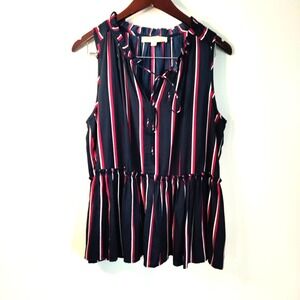 LOFT Navy and Red Striped Blouse